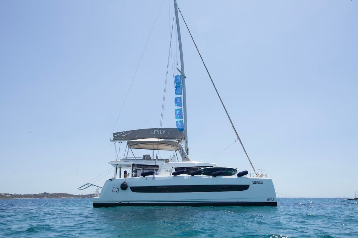 Exterior view of Nereid, a Bali 4.8 catamaran at Parikia, Greece