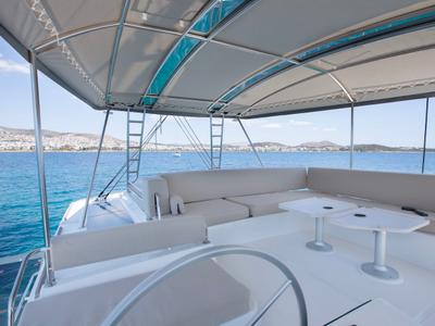 Cockpit of Nereid, a Bali 4.8 catamaran at Parikia, Greece