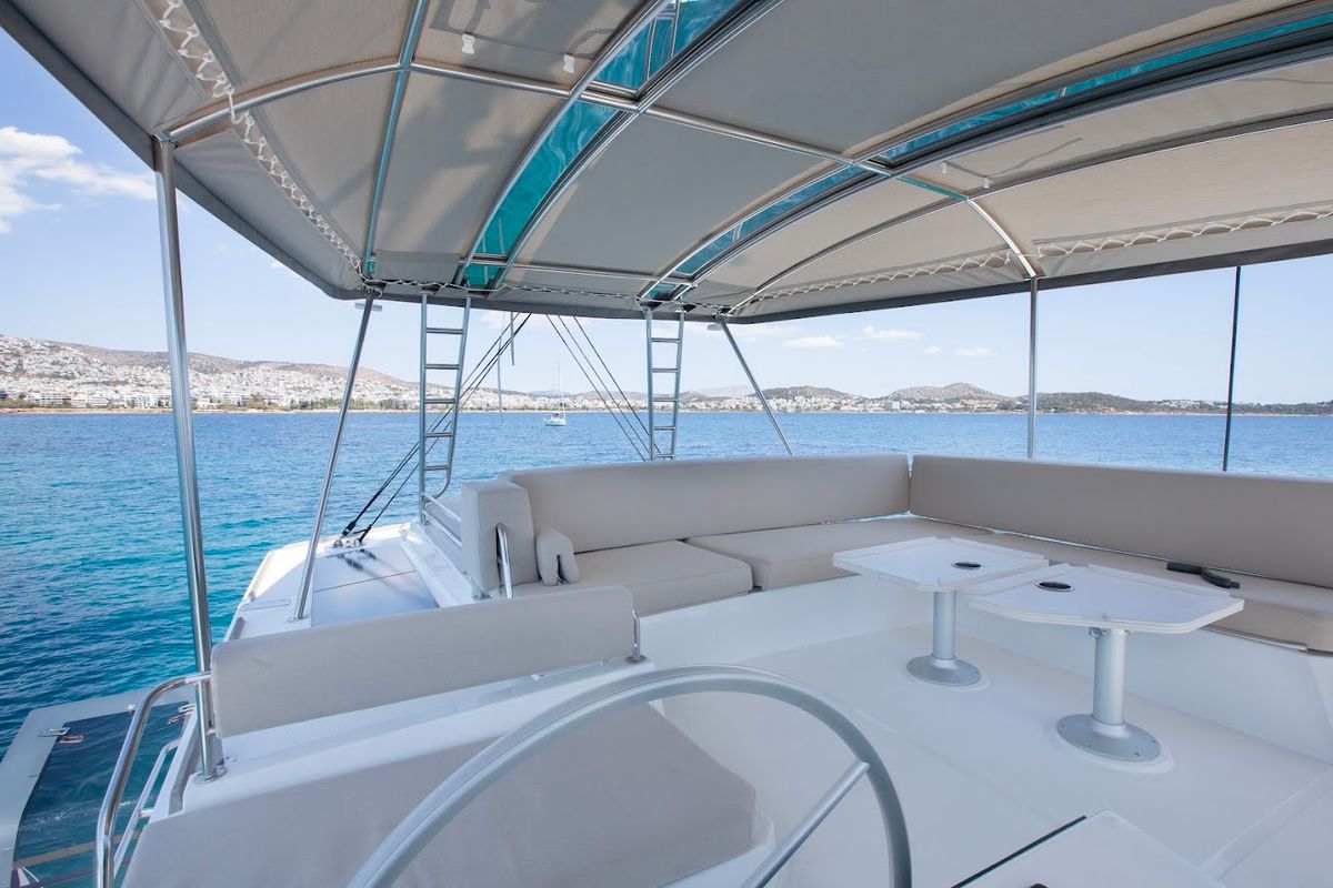 Cockpit of Nereid, a Bali 4.8 catamaran at Parikia, Greece