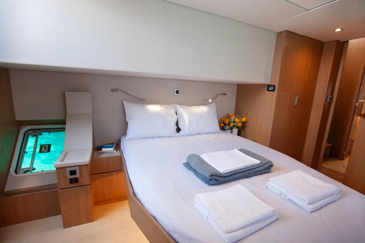 Cabin on Nereid, a Bali 4.8 catamaran at Parikia, Greece