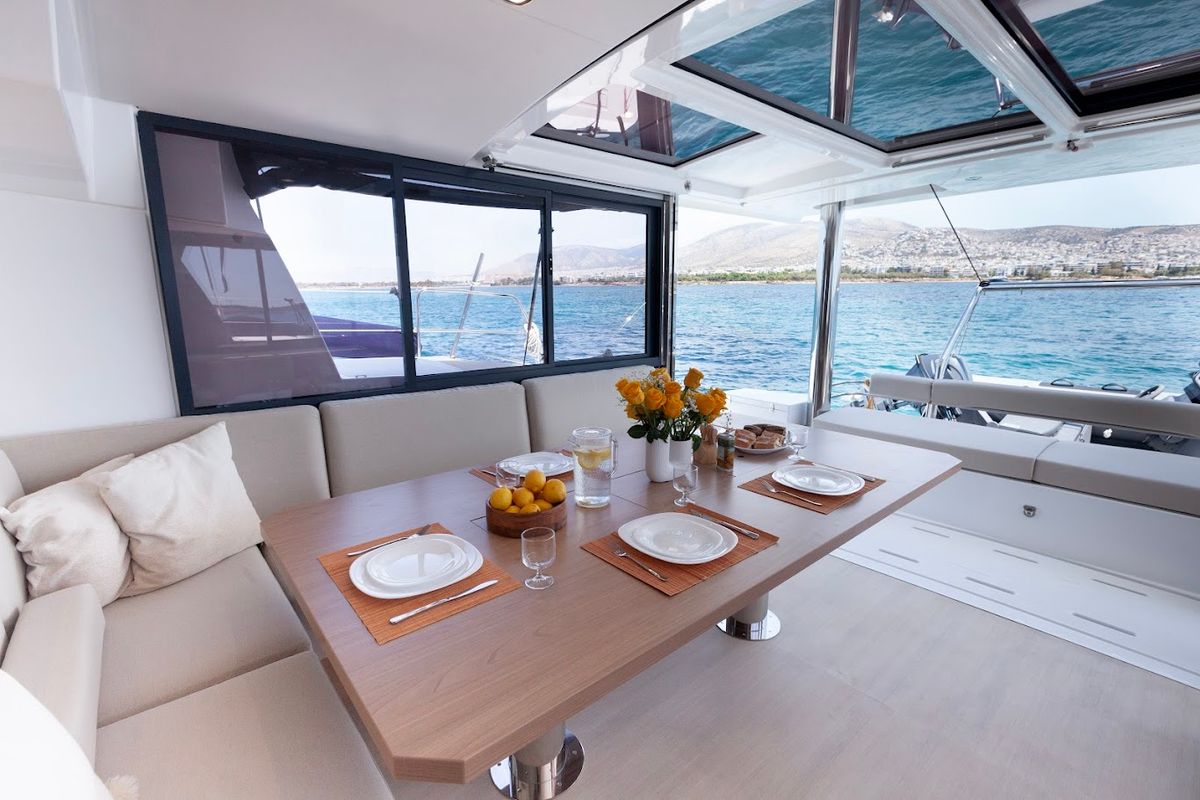 Salon of Nereid, a Bali 4.8 catamaran at Parikia, Greece