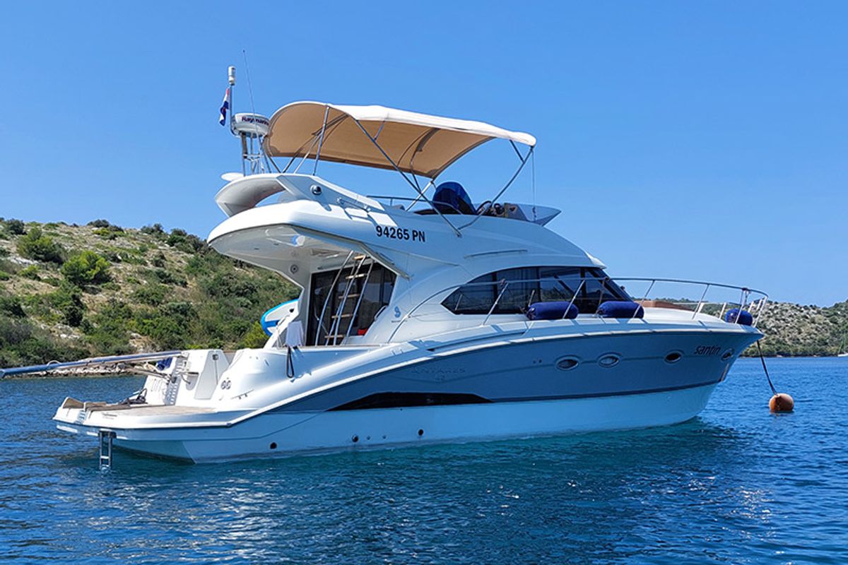 Exterior view of Santin, a Beneteau Antares 42 Fly yacht at Punat, Croatia