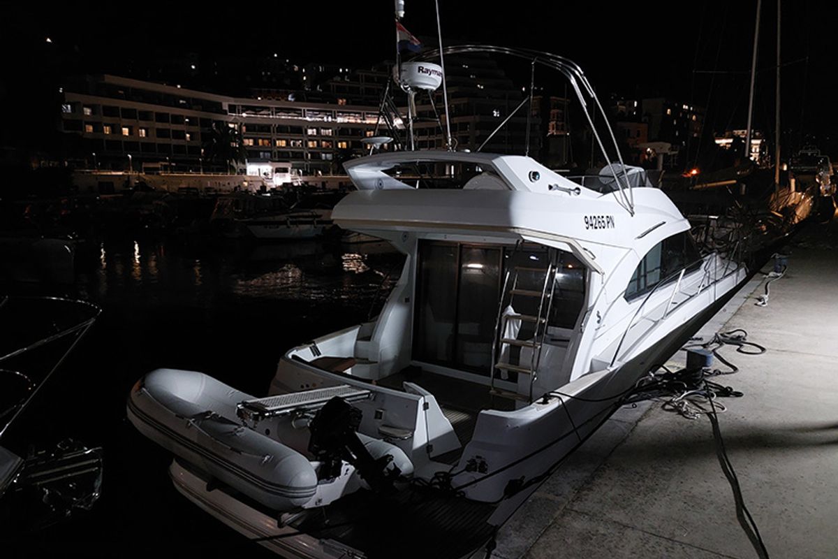 Deck of Santin, a Beneteau Antares 42 Fly yacht at Punat, Croatia