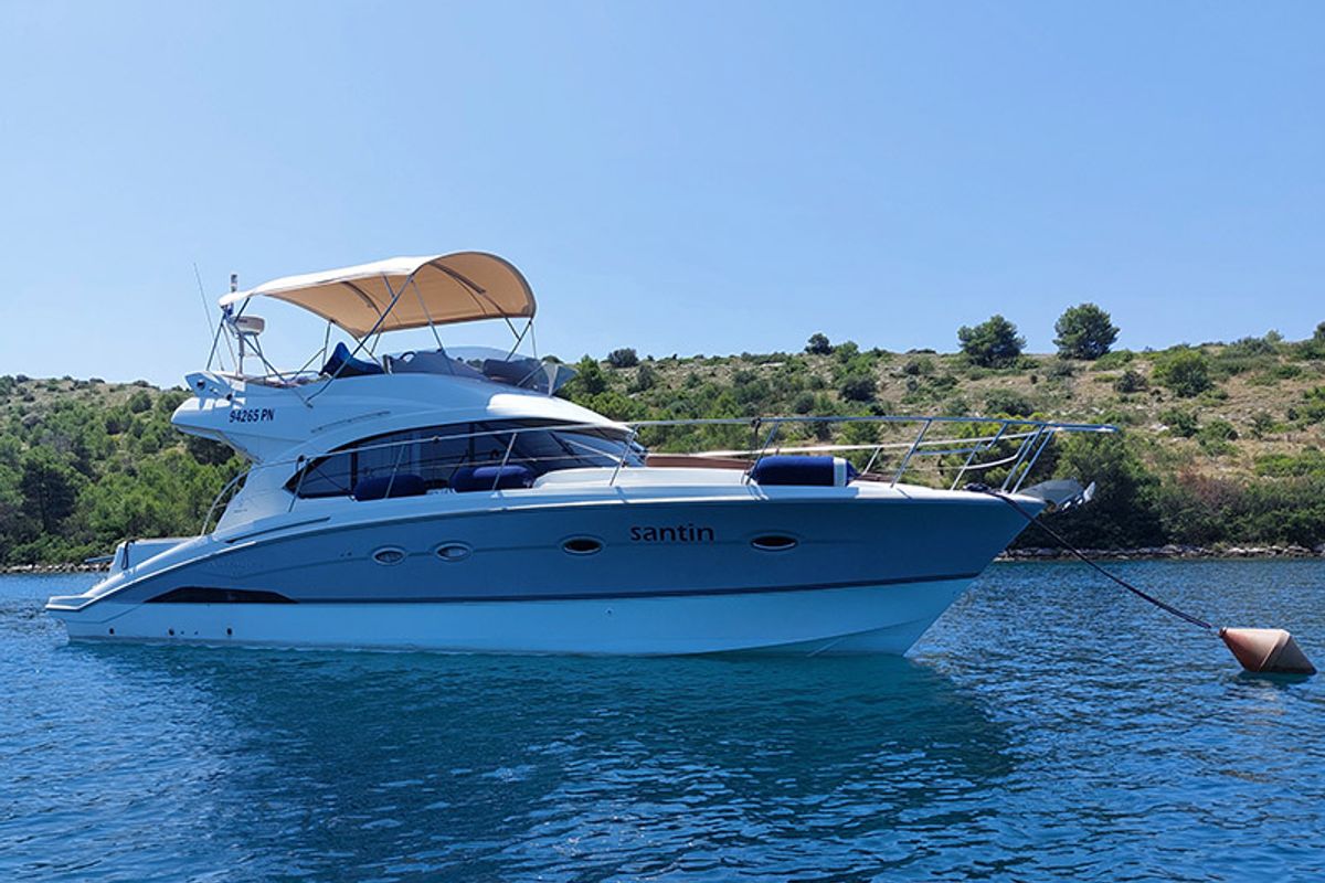 Deck of Santin, a Beneteau Antares 42 Fly yacht at Punat, Croatia