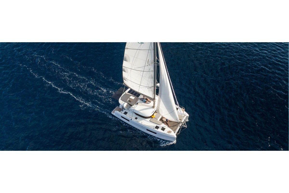 Exterior view of new Lag 38, a Lagoon 38 catamaran at Olbia, Italy