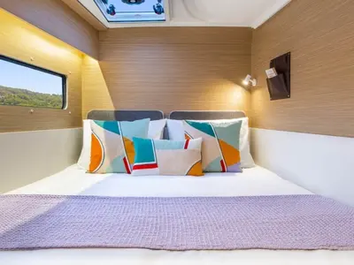 Cabin on new Lag 38, a Lagoon 38 catamaran at Olbia, Italy