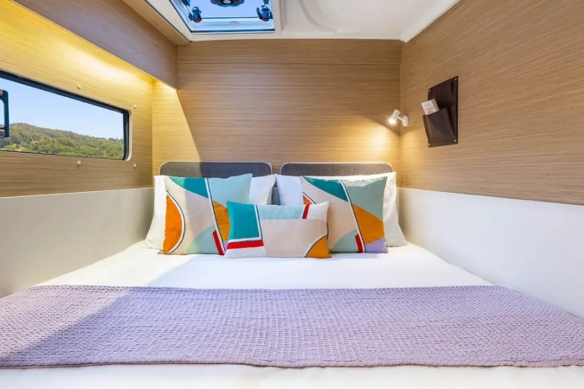 Cabin on new Lag 38, a Lagoon 38 catamaran at Olbia, Italy