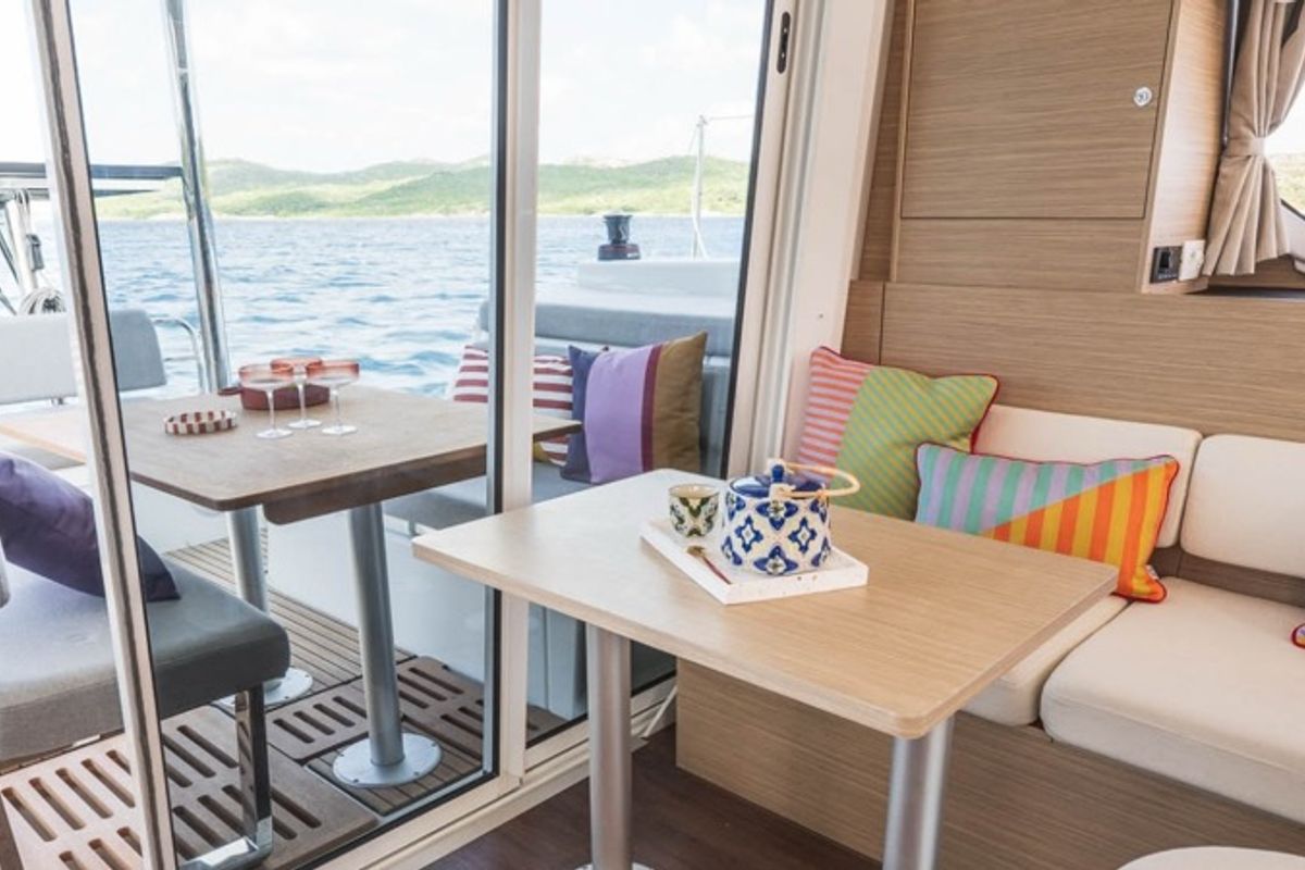 Salon of new Lag 38, a Lagoon 38 catamaran at Olbia, Italy