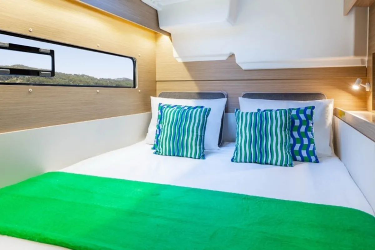 Cabin on new Lag 38, a Lagoon 38 catamaran at Olbia, Italy