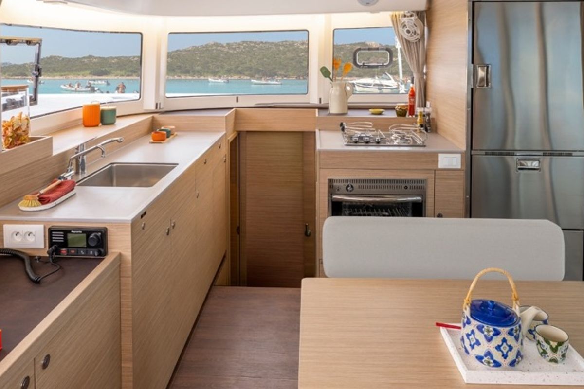Galley of new Lag 38, a Lagoon 38 catamaran at Olbia, Italy
