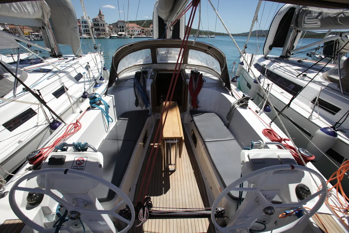 Cockpit of Rebel Rebel, a Bavaria Cruiser 41S sailboat at Pirovac, Croatia