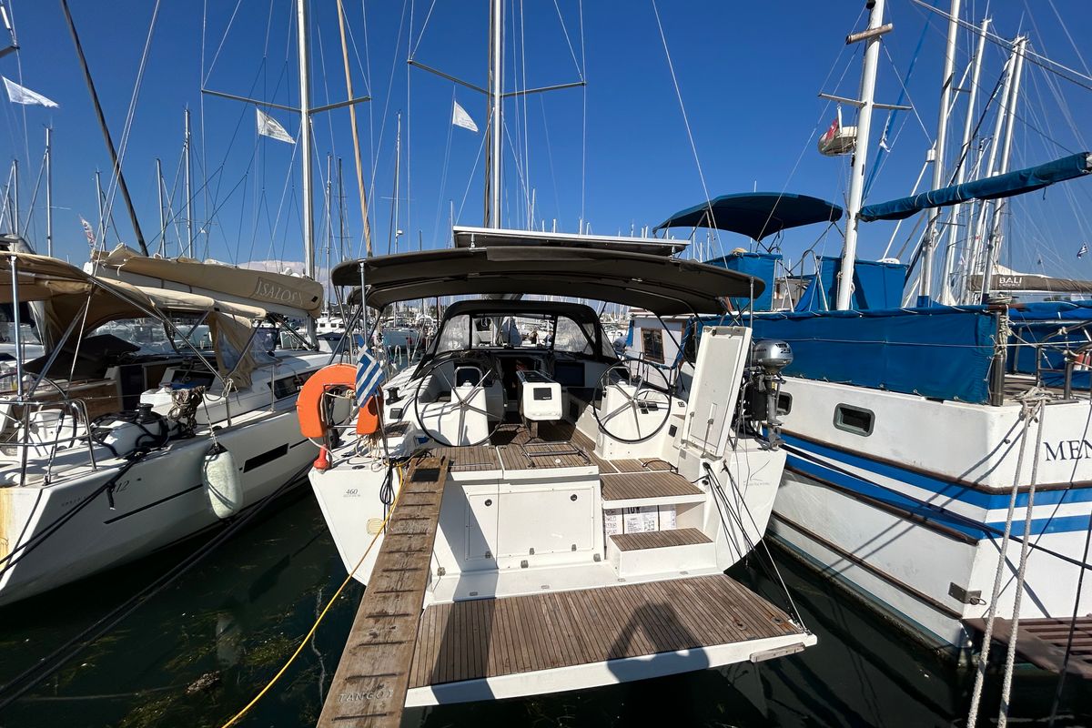 Exterior view of Tango II, a Dufour 460 GL sailboat at Kontokali, Greece