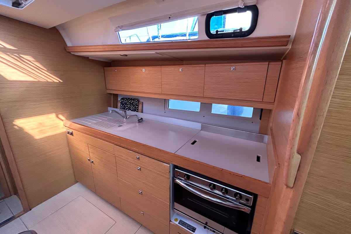 Galley of Tango II, a Dufour 460 GL sailboat at Kontokali, Greece