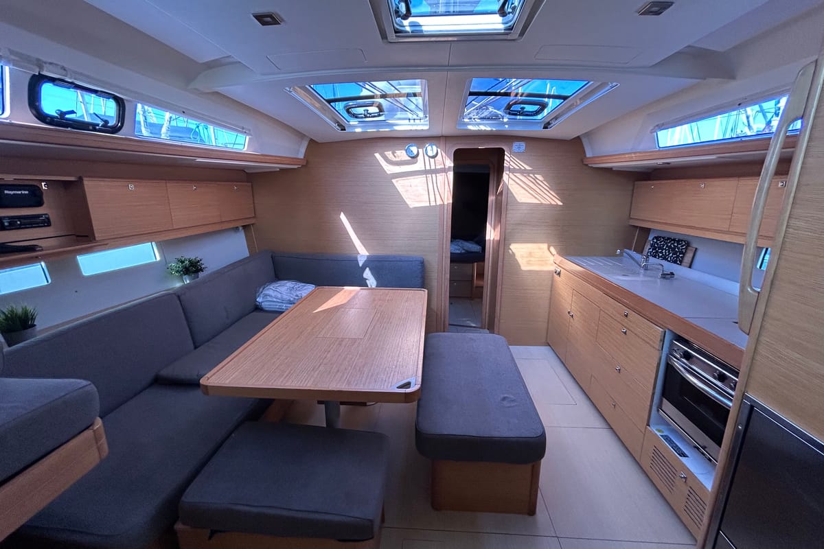 Salon of Tango II, a Dufour 460 GL sailboat at Kontokali, Greece