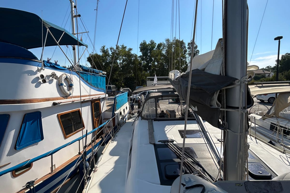 Deck of Tango II, a Dufour 460 GL sailboat at Kontokali, Greece