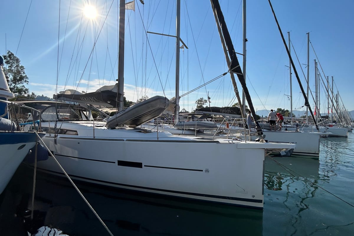 Exterior view of Tango II, a Dufour 460 GL sailboat at Kontokali, Greece