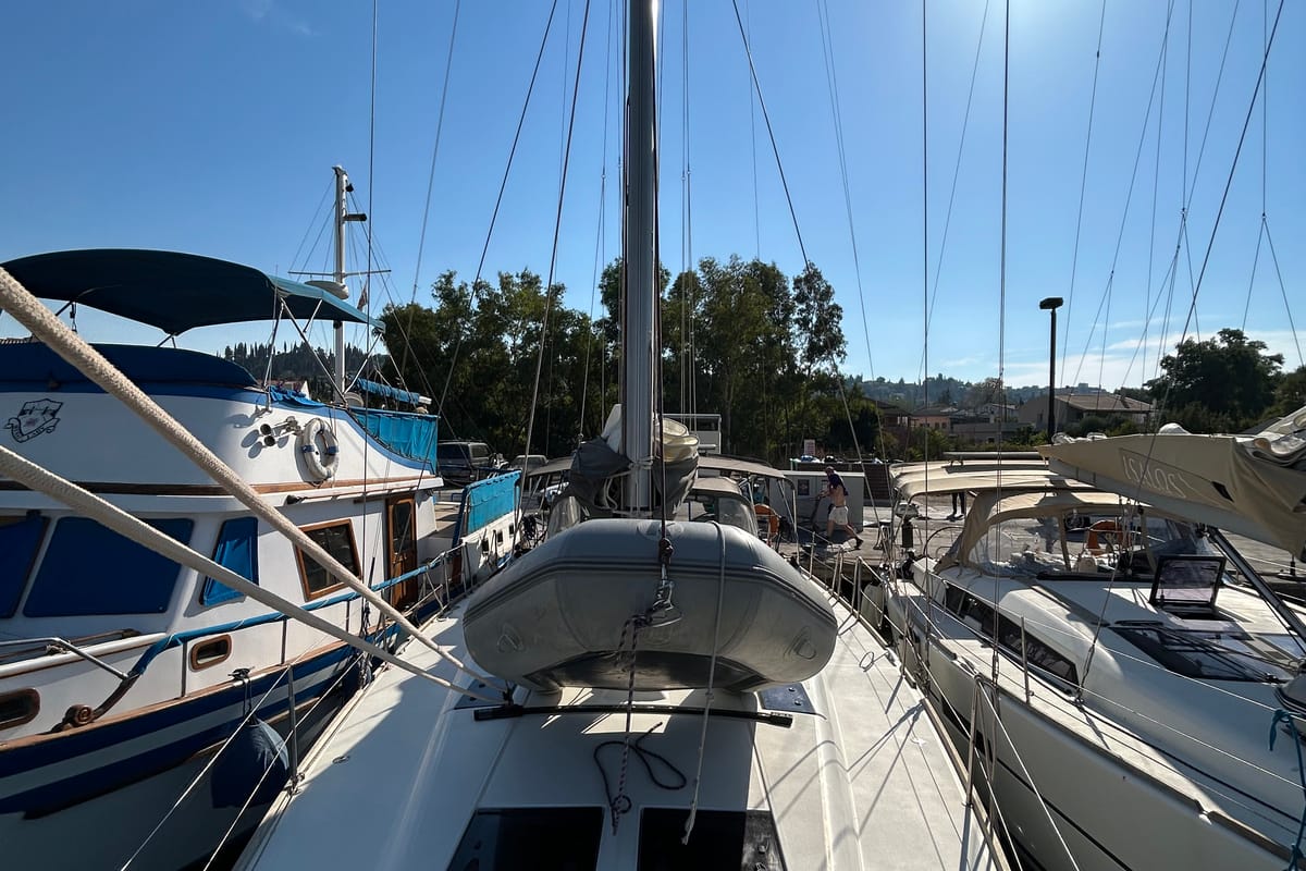 Deck of Tango II, a Dufour 460 GL sailboat at Kontokali, Greece
