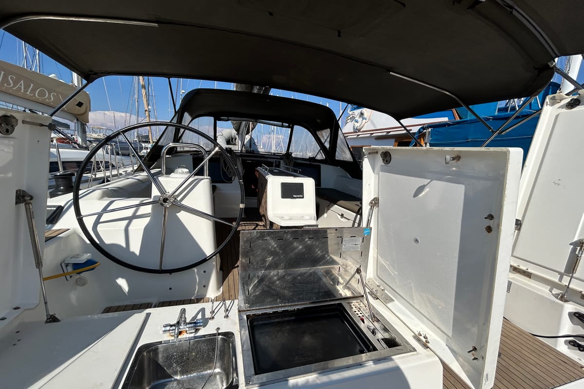 Cockpit of Tango II, a Dufour 460 GL sailboat at Kontokali, Greece