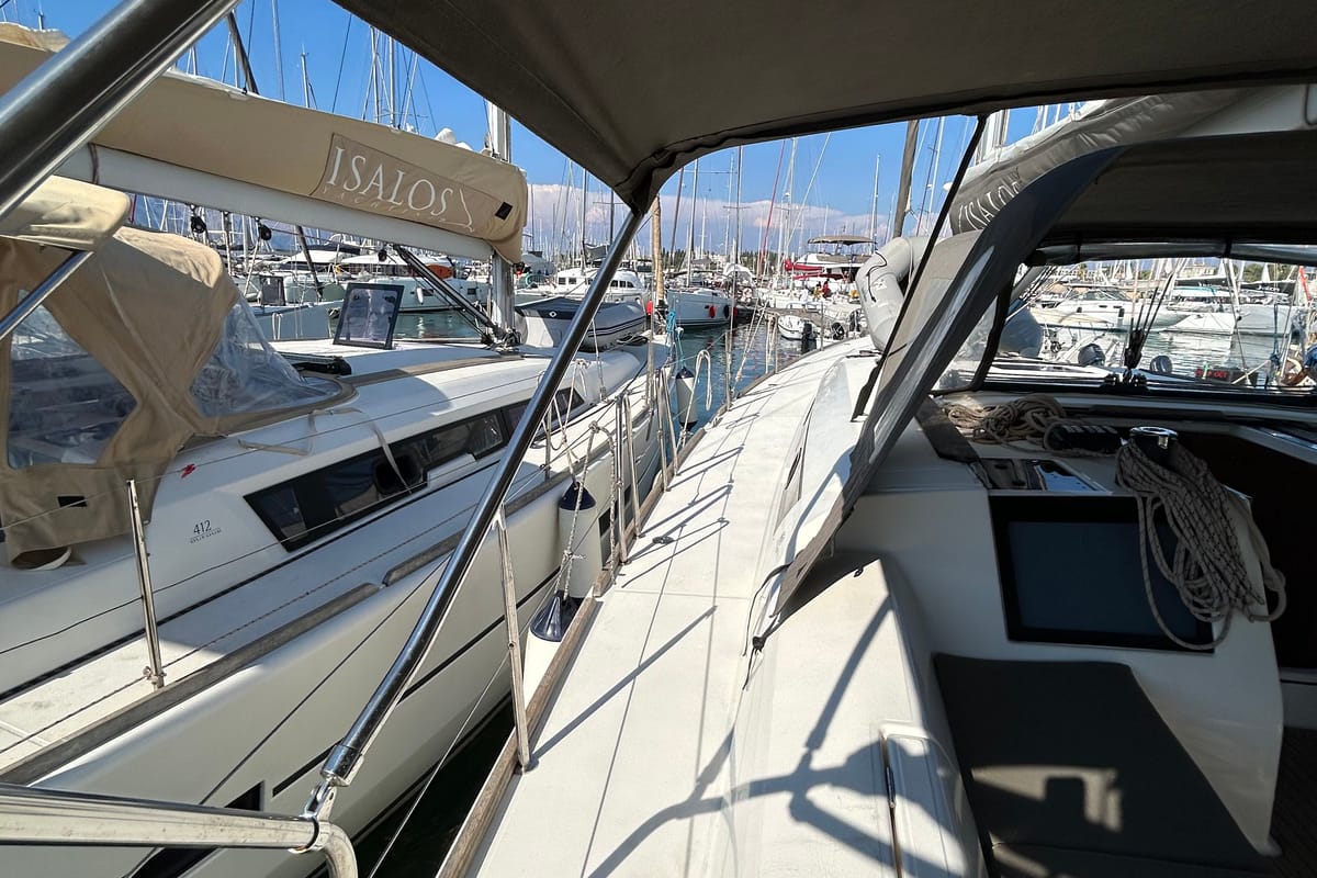 Deck of Tango II, a Dufour 460 GL sailboat at Kontokali, Greece