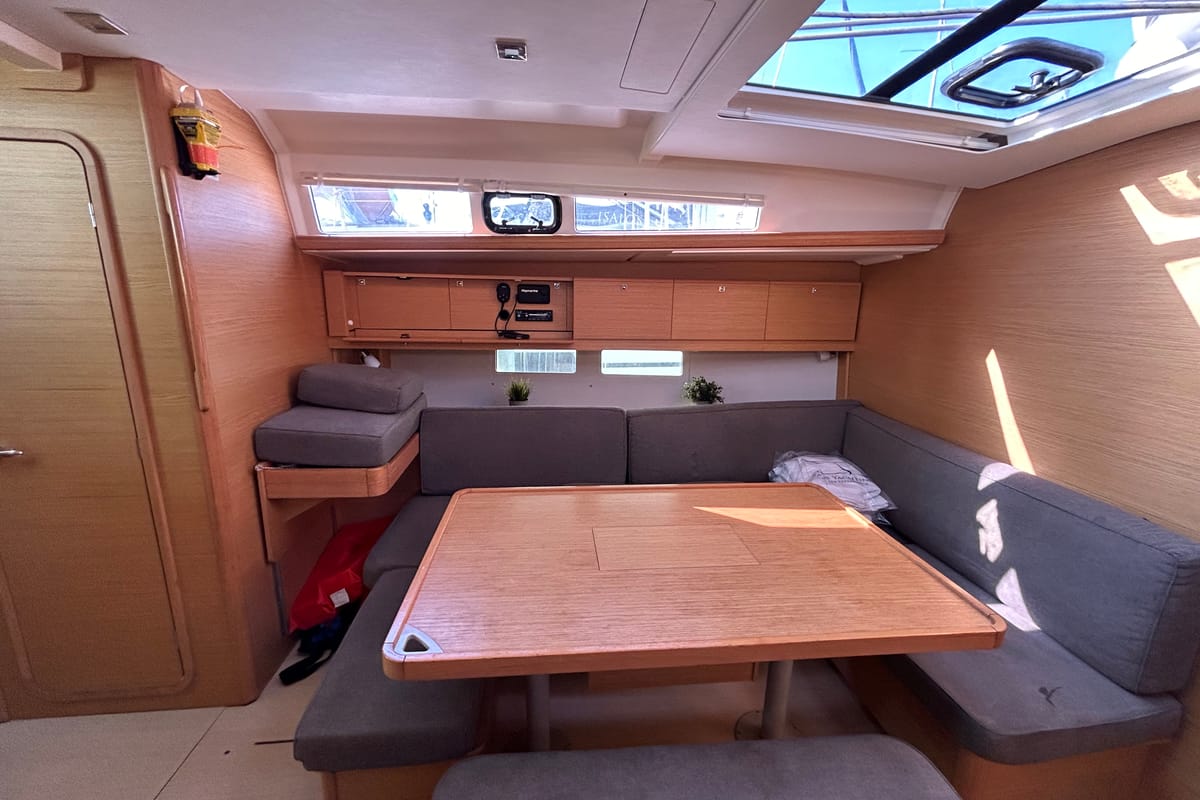 Salon of Tango II, a Dufour 460 GL sailboat at Kontokali, Greece