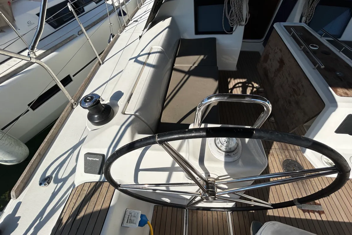 Cockpit of Tango II, a Dufour 460 GL sailboat at Kontokali, Greece