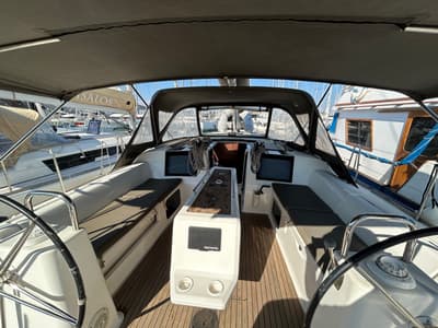 Cockpit of Tango II, a Dufour 460 GL sailboat at Kontokali, Greece