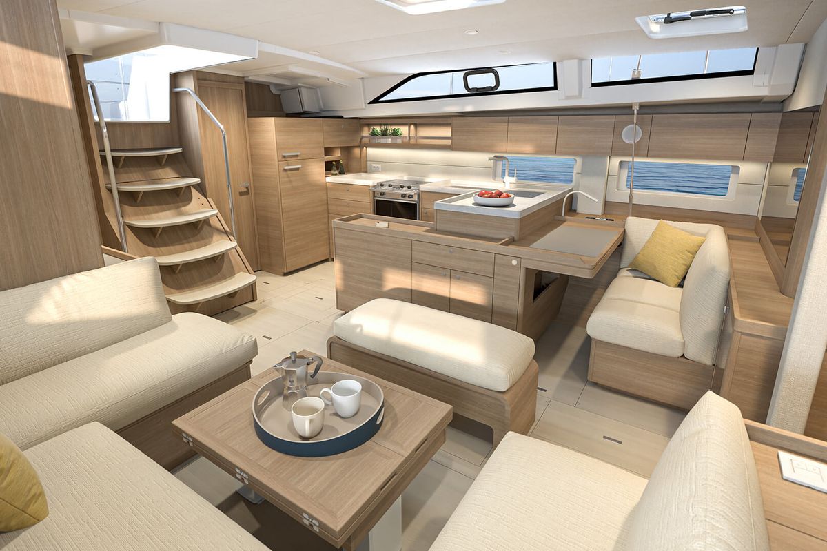 Salon of Kos 52.1, a Beneteau Oceanis 52 sailboat at Athens, Greece