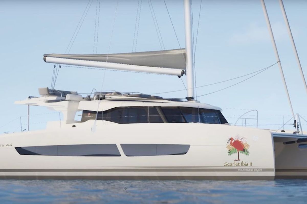 Exterior view of Scarlet Ibis II, a Fountaine Pajot FP 44 Maestro catamaran at Road Town, British Virgin Islands
