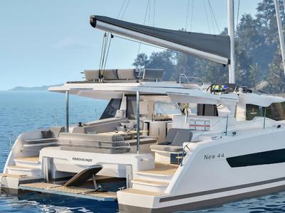 Exterior view of Scarlet Ibis II, a Fountaine Pajot FP 44 Maestro catamaran at Road Town, British Virgin Islands