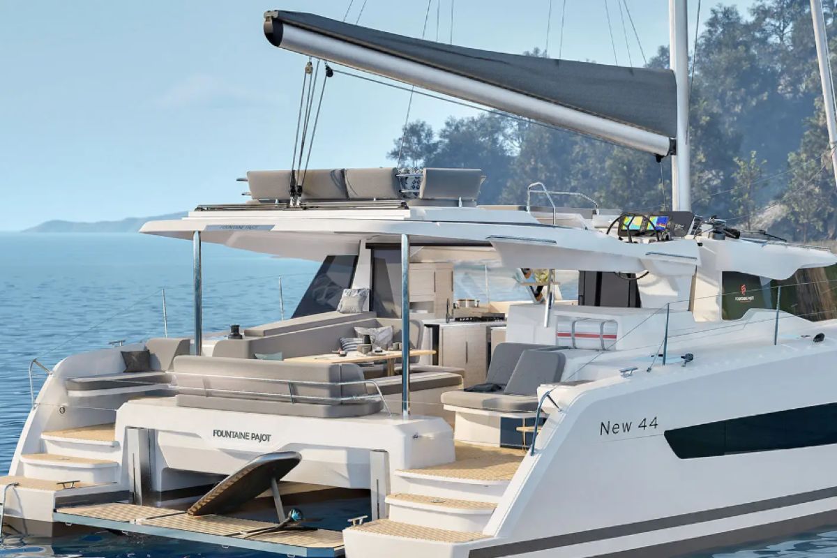 Exterior view of Scarlet Ibis II, a Fountaine Pajot FP 44 Maestro catamaran at Road Town, British Virgin Islands