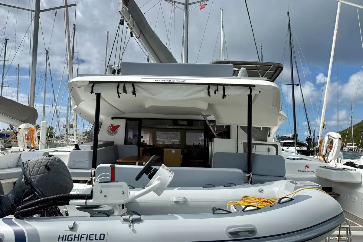 Scarlet Ibis II, a Fountaine Pajot FP 44 Maestro catamaran at Road Town, British Virgin Islands