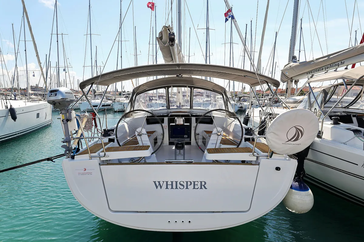 Exterior view of Whisper, a Hanse Yachts Hanse 388 sailboat at Grad Biograd na Moru, Croatia