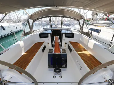 Cockpit of Whisper, a Hanse Yachts Hanse 388 sailboat at Grad Biograd na Moru, Croatia