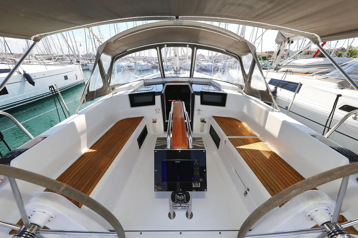 Cockpit of Whisper, a Hanse Yachts Hanse 388 sailboat at Grad Biograd na Moru, Croatia