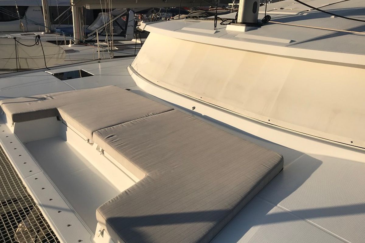 Deck of Bonita, a Fountaine Pajot Astrea 42 catamaran at Fethiye, Turkey