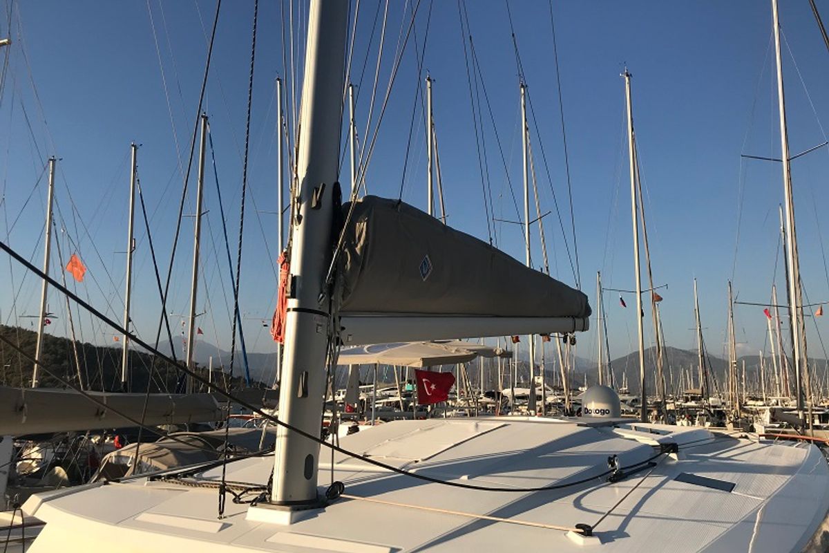 Deck of Bonita, a Fountaine Pajot Astrea 42 catamaran at Fethiye, Turkey