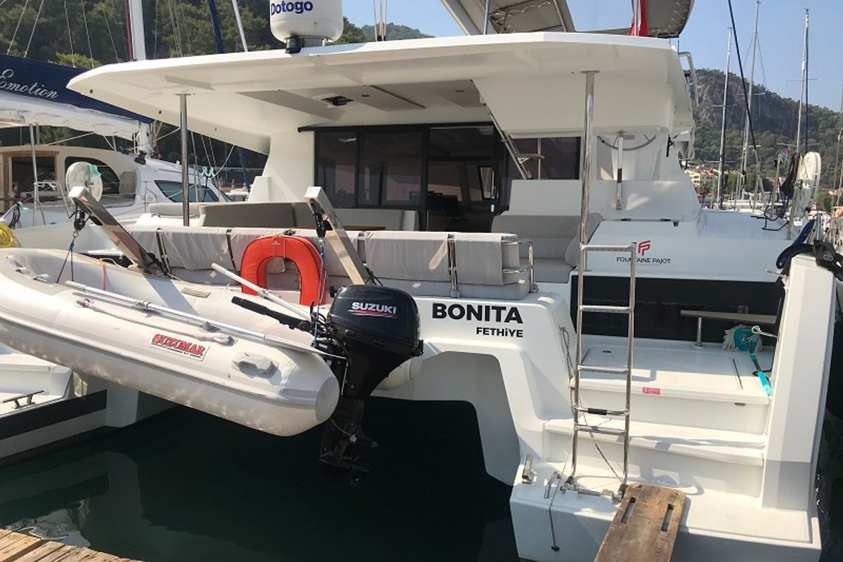 Exterior view of Bonita, a Fountaine Pajot Astrea 42 catamaran at Fethiye, Turkey