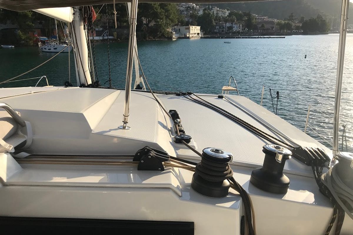 Deck of Bonita, a Fountaine Pajot Astrea 42 catamaran at Fethiye, Turkey