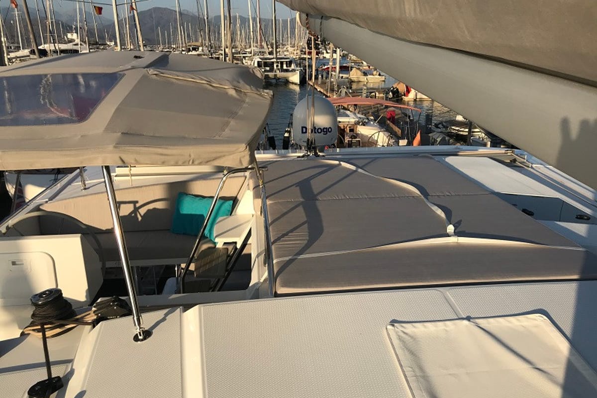 Deck of Bonita, a Fountaine Pajot Astrea 42 catamaran at Fethiye, Turkey