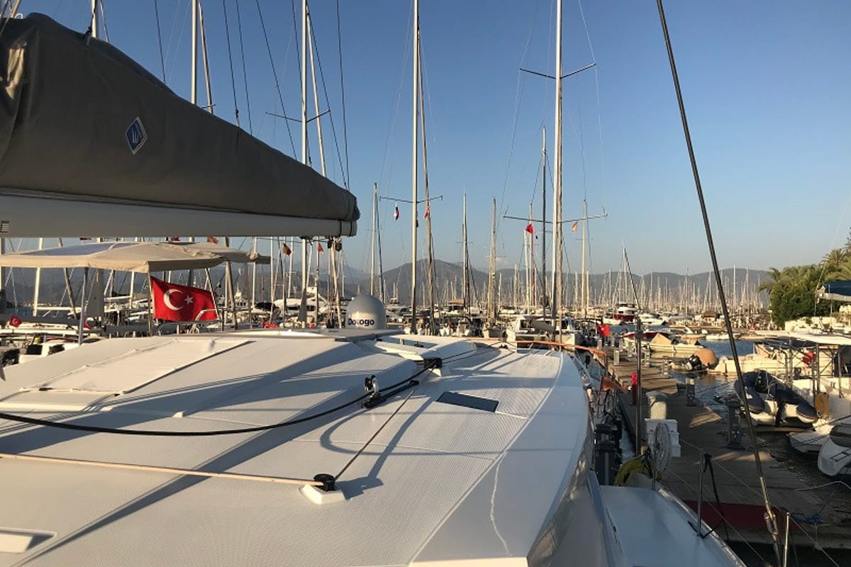Deck of Bonita, a Fountaine Pajot Astrea 42 catamaran at Fethiye, Turkey