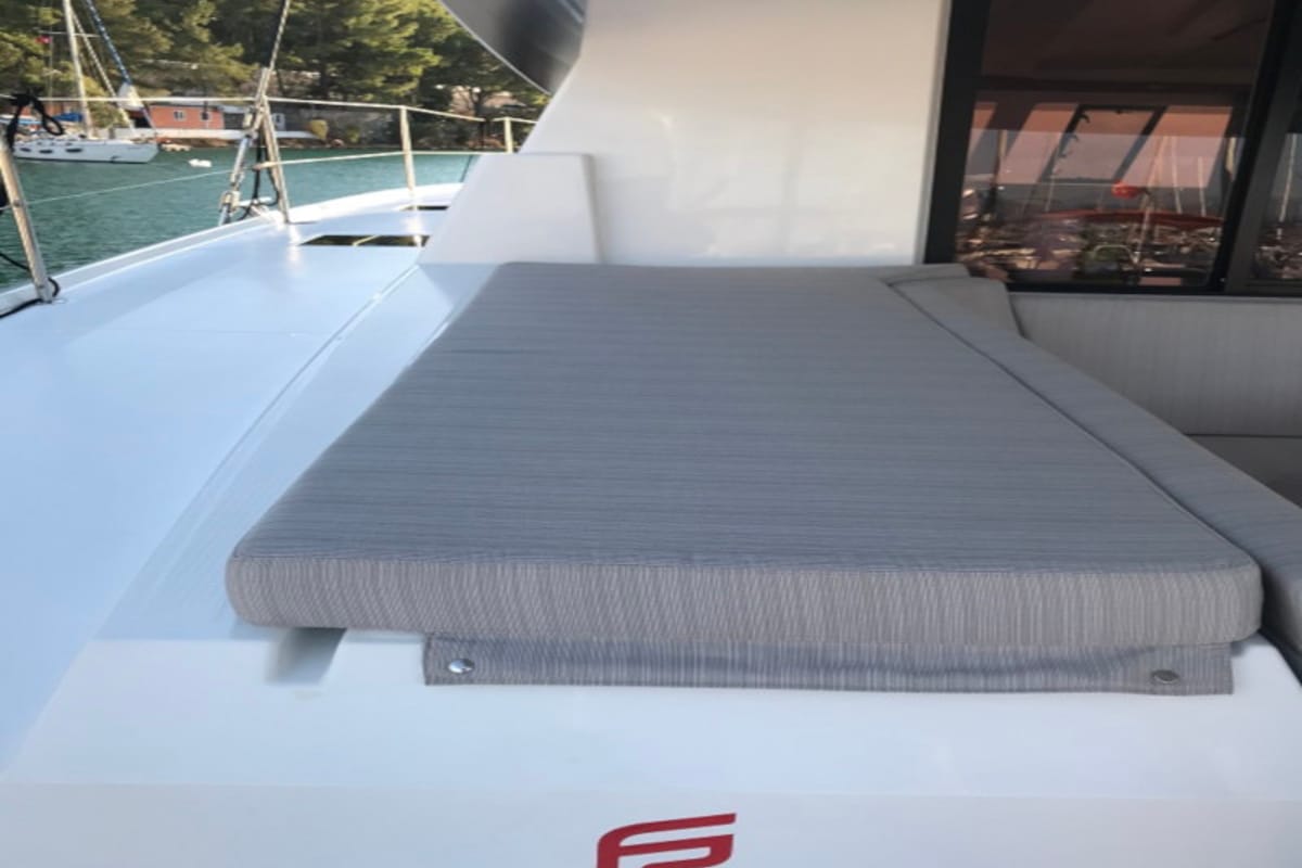 Deck of Bonita, a Fountaine Pajot Astrea 42 catamaran at Fethiye, Turkey