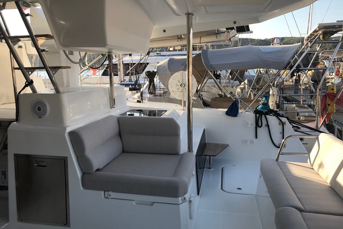 Deck of Bonita, a Fountaine Pajot Astrea 42 catamaran at Fethiye, Turkey