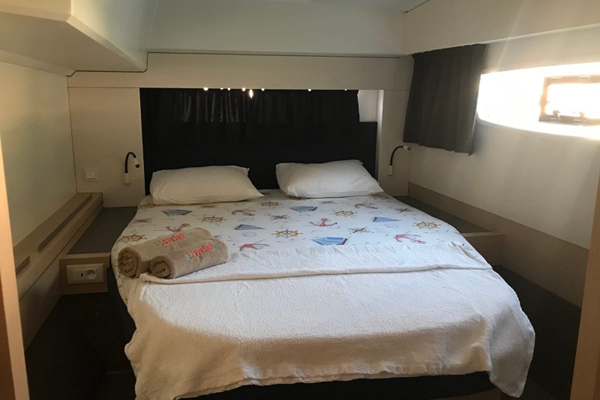 Cabin on Bonita, a Fountaine Pajot Astrea 42 catamaran at Fethiye, Turkey