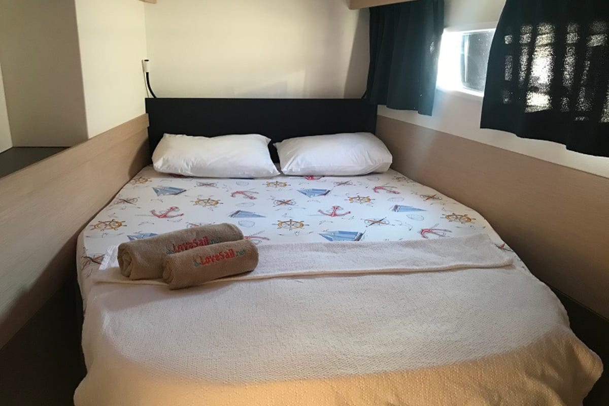 Cabin on Bonita, a Fountaine Pajot Astrea 42 catamaran at Fethiye, Turkey