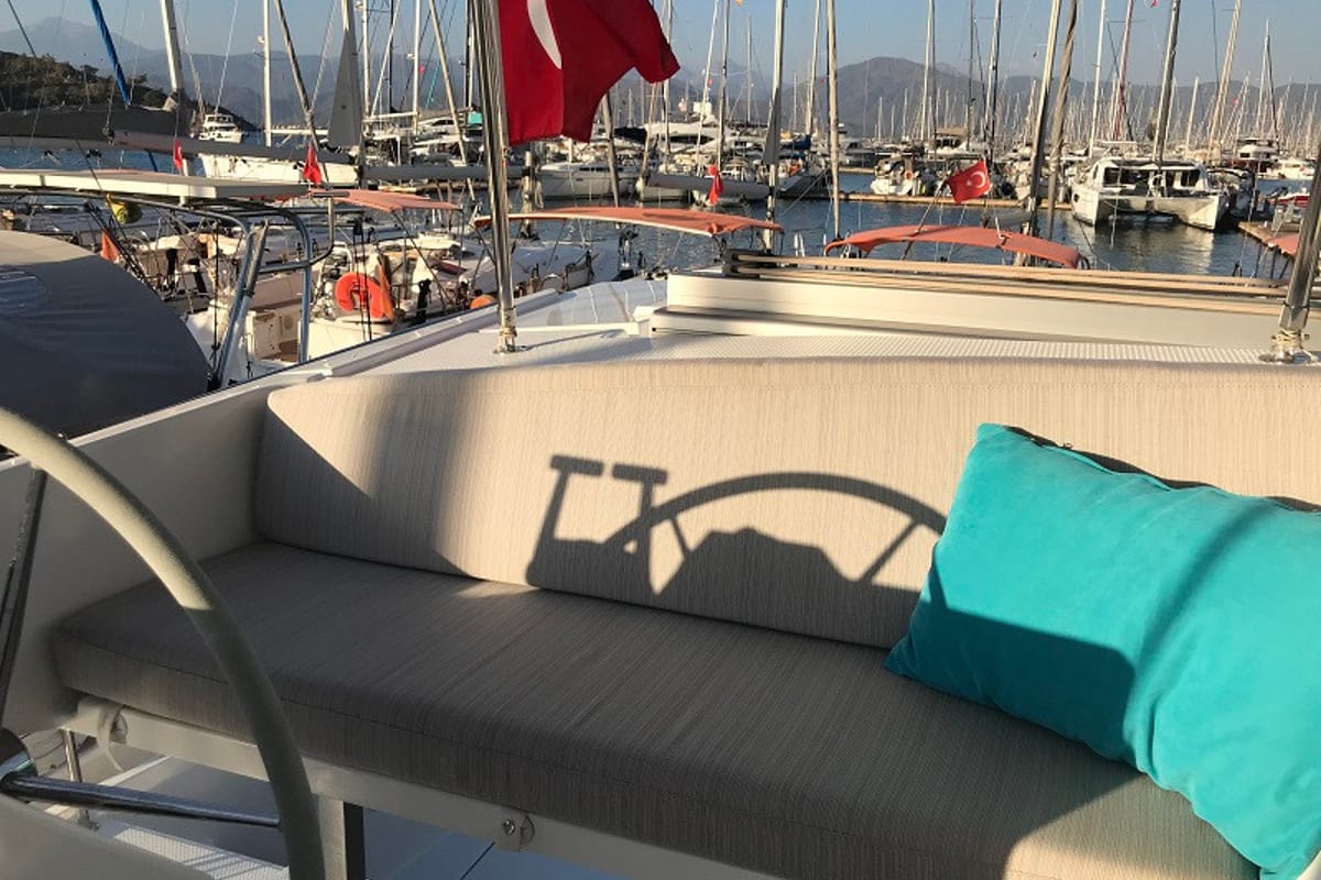 Cockpit of Bonita, a Fountaine Pajot Astrea 42 catamaran at Fethiye, Turkey