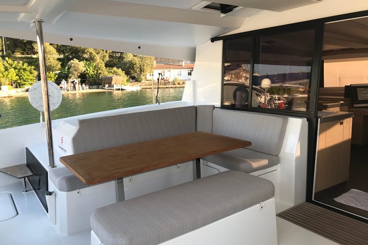 Deck of Bonita, a Fountaine Pajot Astrea 42 catamaran at Fethiye, Turkey