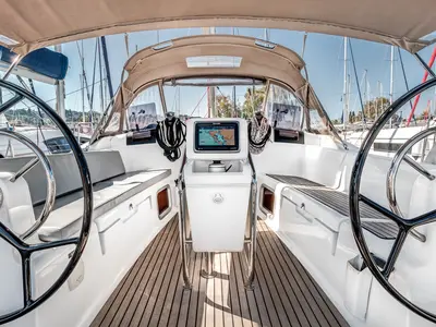 Cockpit of Pellini, a Jeanneau Sun Odyssey 419 sailboat at Municipal Unit of Palairos, Greece