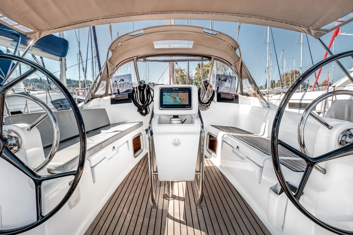 Cockpit of Pellini, a Jeanneau Sun Odyssey 419 sailboat at Municipal Unit of Palairos, Greece