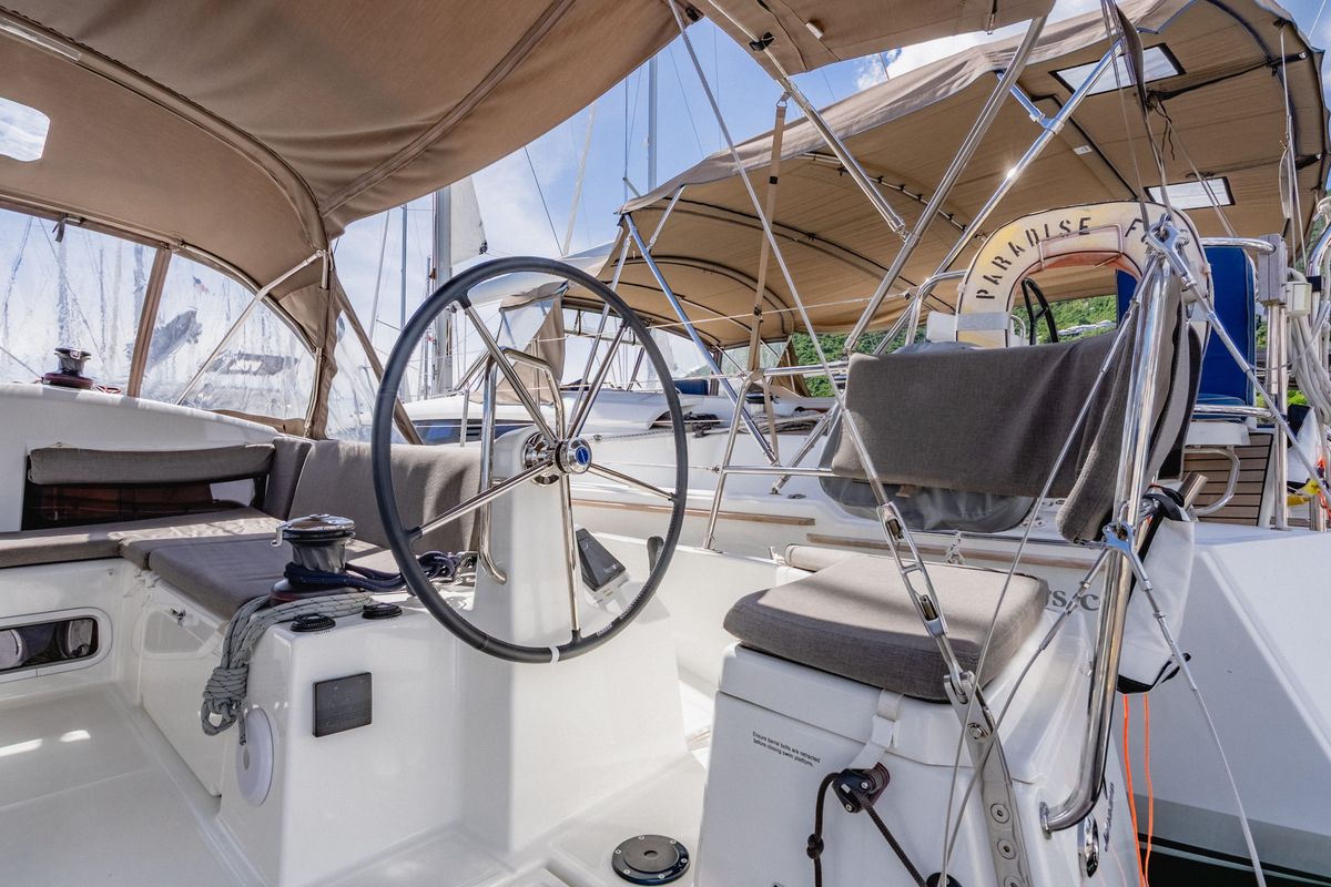 Cockpit of Air Guitar, a Jeanneau Sun Odyssey 440 sailboat at Road Town, British Virgin Islands