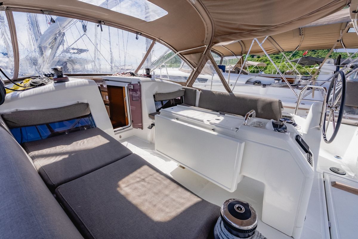 Cockpit of Air Guitar, a Jeanneau Sun Odyssey 440 sailboat at Road Town, British Virgin Islands